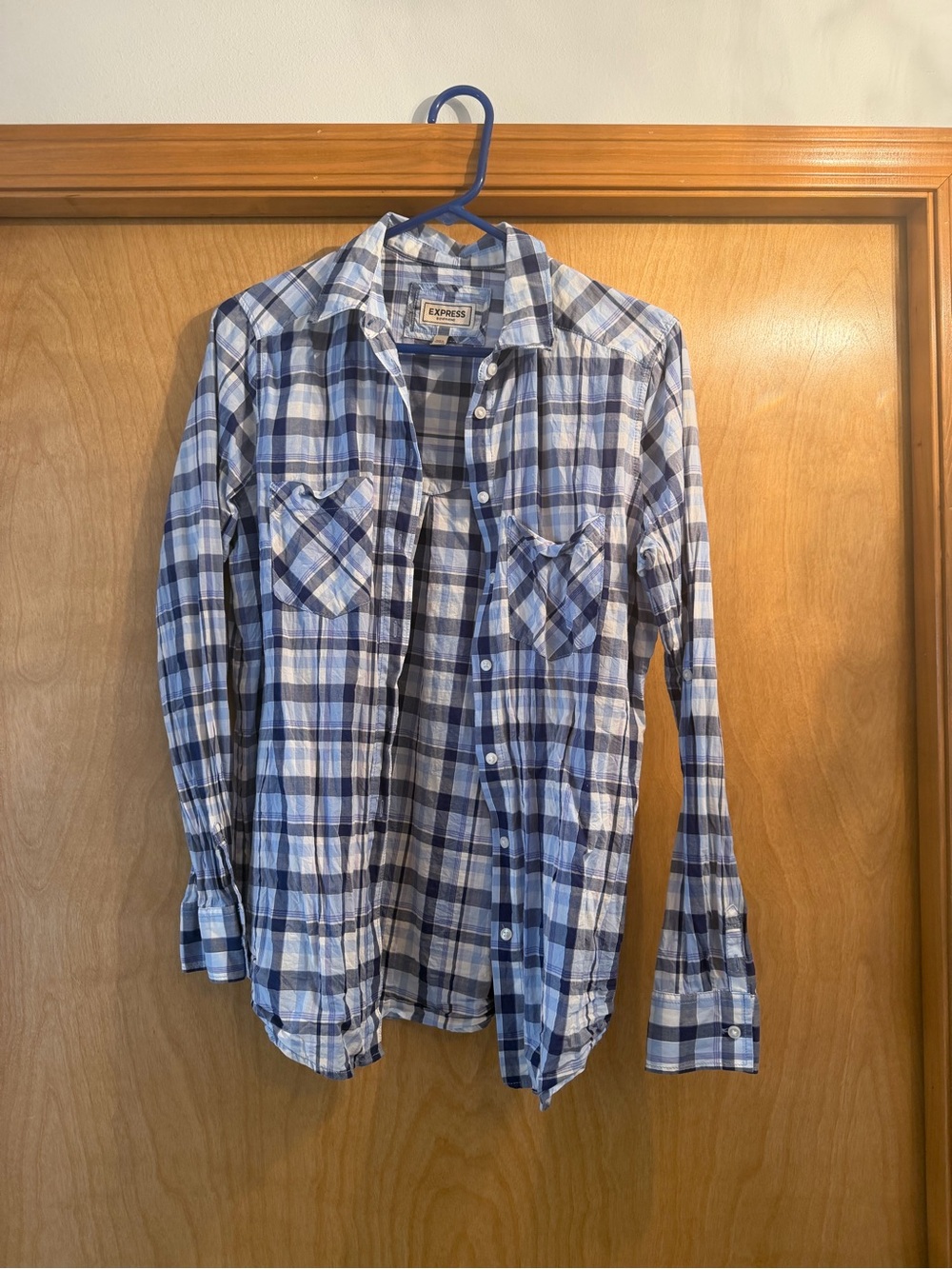 Express woman’s Blue and White Plaid Button-Down Shirt